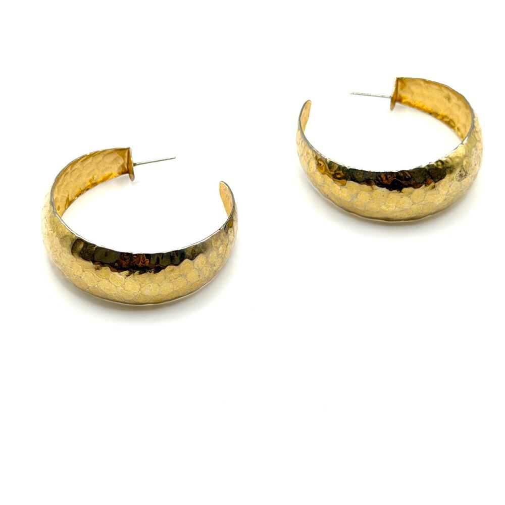 Vintage 90s Gold Tone Geometric Chunky Hammered Textured Open Hoop Earrings